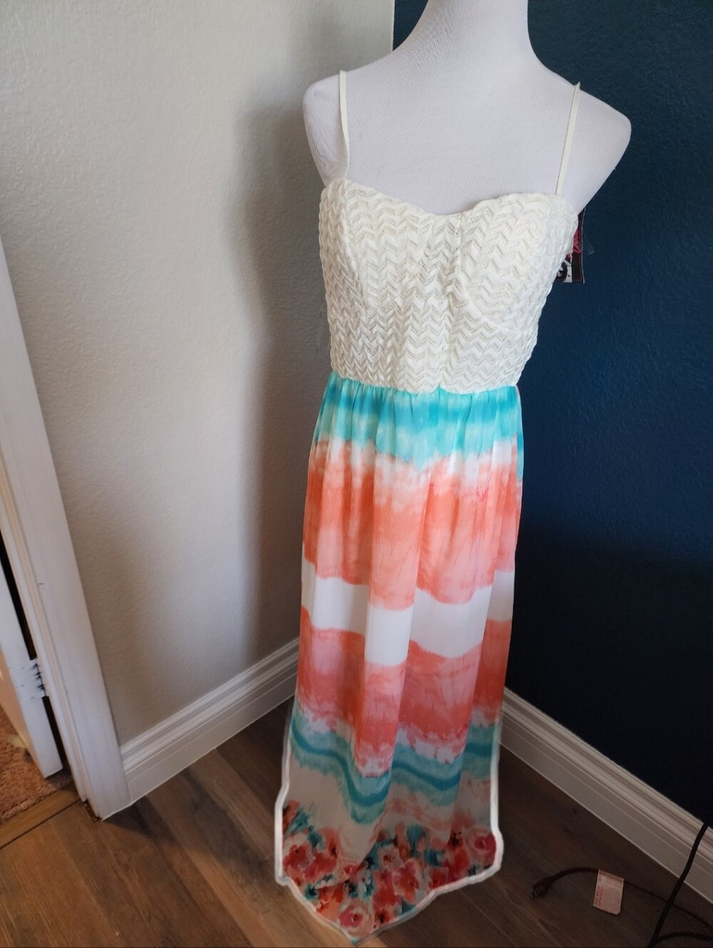 Cream Lace Bodice Maxi Dress with Coral & Aqua Ombre